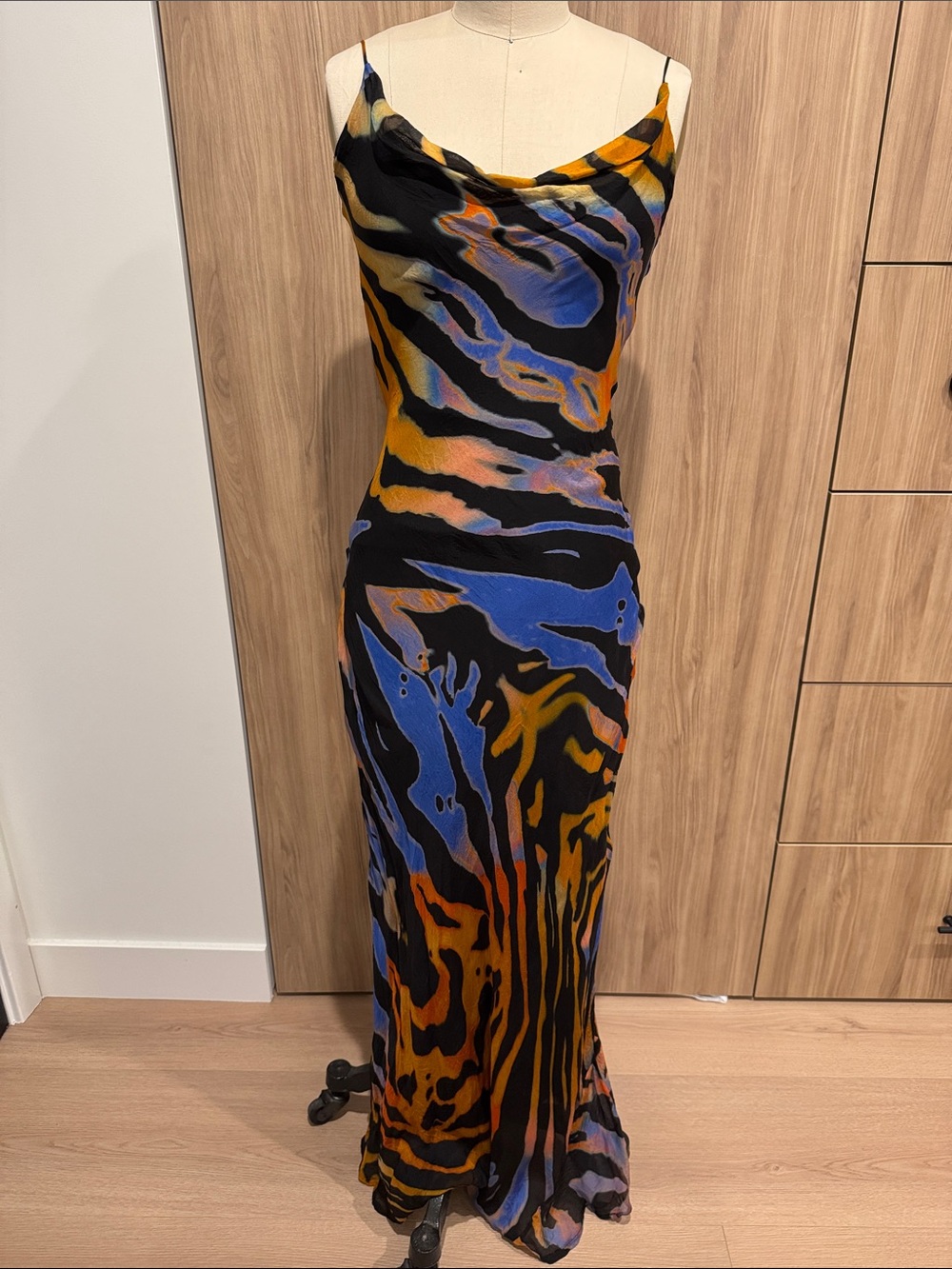 Rat & Boa Black Maxi Slip Dress with Blue and Gold Abstract Print